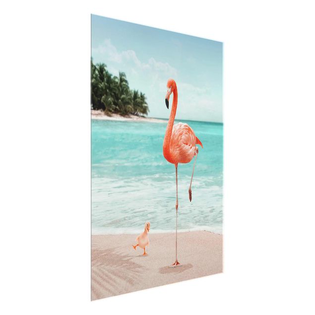 Glasbild - Jonas Loose - Strand mit Flamingo - Hochformat 4:3