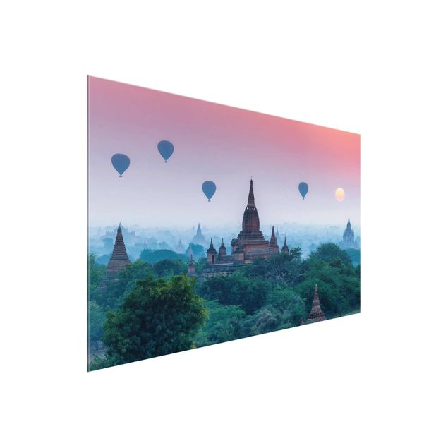 Glasbild - Heißluftballons über Tempelanlage - Querformat 3:2