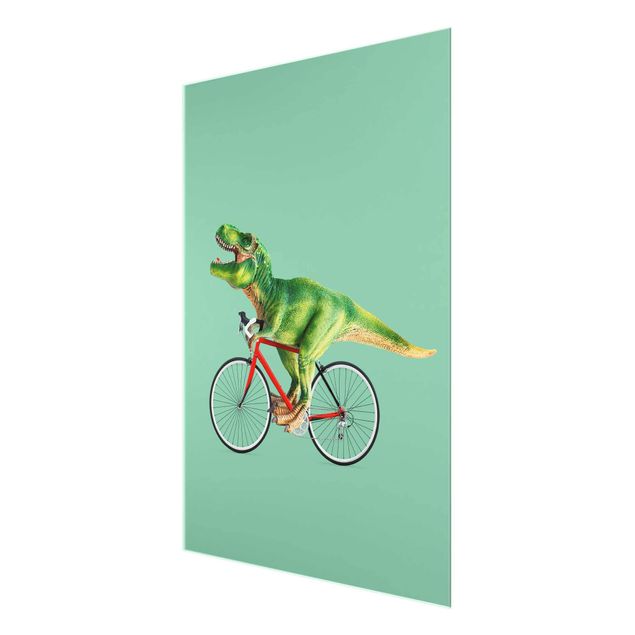 Glasbilder Dinosaurier mit Fahrrad