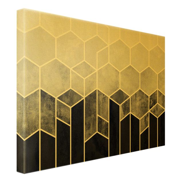 Leinwandbild Gold - Elisabeth Fredriksson - Goldene Geometrie - Sechsecke Schwarz Weiß - Querformat 3:4