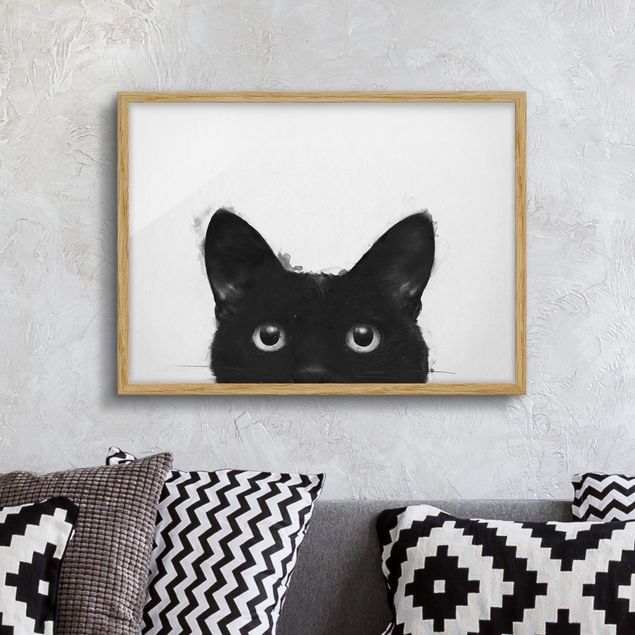 Moderne Bilder mit Rahmen Illustration Schwarze Katze auf Weiß Malerei