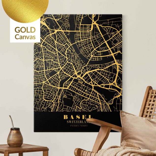 Leinwandbild Gold - Stadtplan Basel - Klassik Schwarz - Hochformat 3:4
