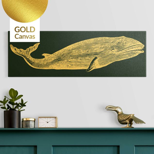 Leinwandbild Gold - Illustration Wal auf Blau - Panorama 3:1