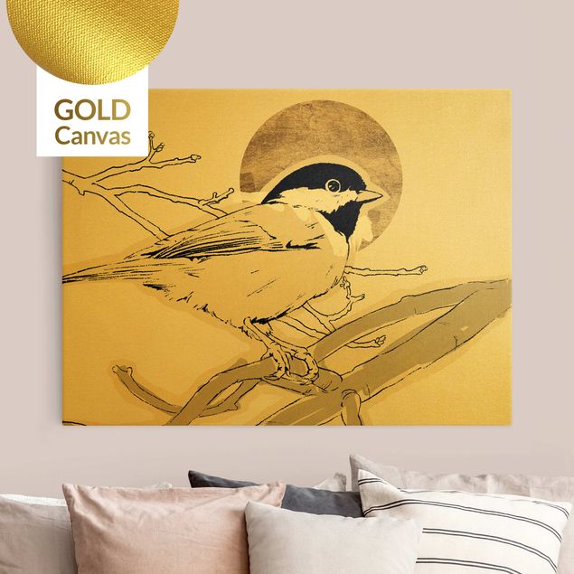 Leinwandbild Gold - Vogel vor goldener Sonne I - Querformat 4:3