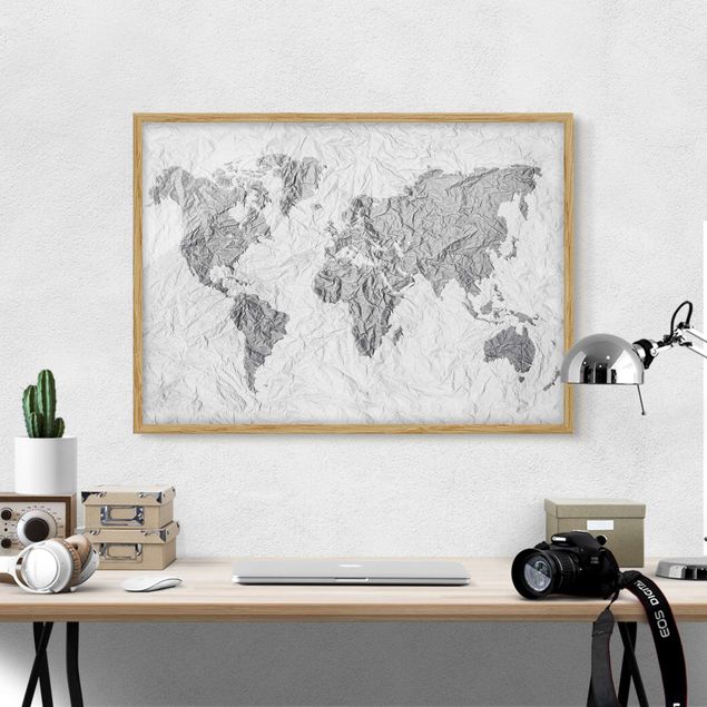 Moderne Bilder mit Rahmen Papier Weltkarte Weiß Grau