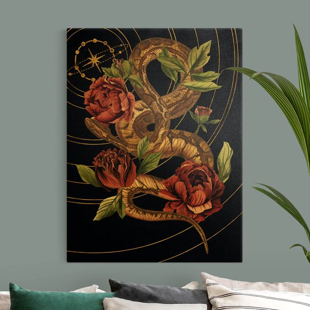 Leinwandbilder Blumen Schlange mit Rosen Schwarz und Gold IV