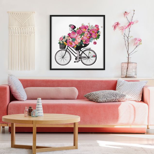 Bild mit Rahmen - Illustration Frau auf Fahrrad Collage bunte Blumen - Quadrat 1:1