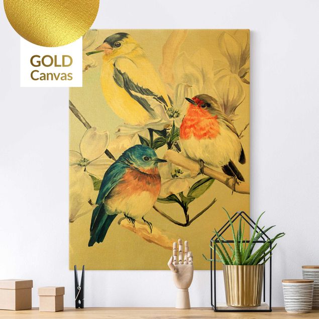 Leinwandbild Gold - Bunte Vögel auf einem Magnolienast II - Hochformat 3:4