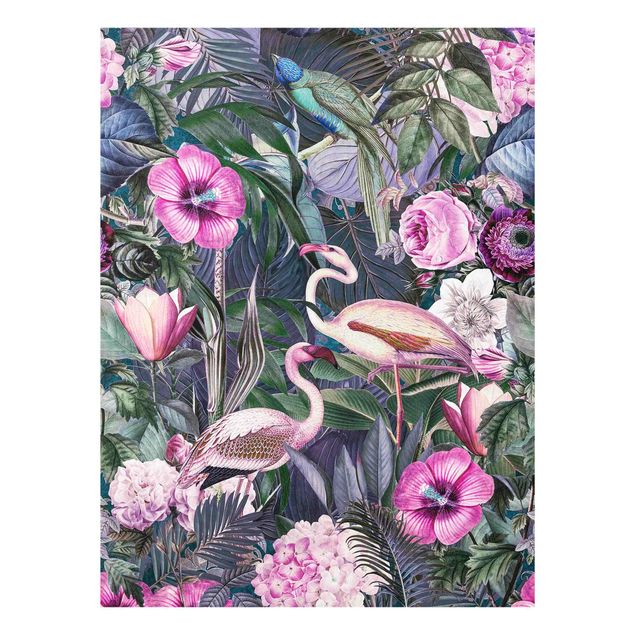 Glasbilder Bunte Collage - Pinke Flamingos im Dschungel