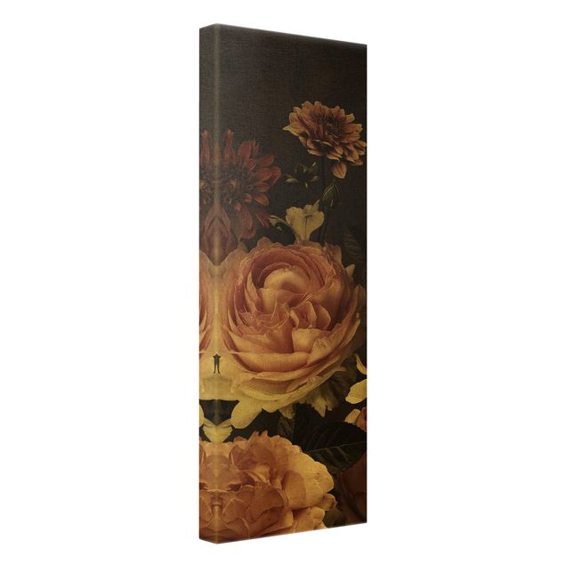 Leinwandbild Gold - Rosa Blumen auf Schwarz Vintage - Hochformat 1:3
