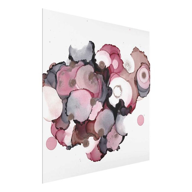 Glasbild - Pink-Beige Tropfen mit Roségold - Quadrat 1:1