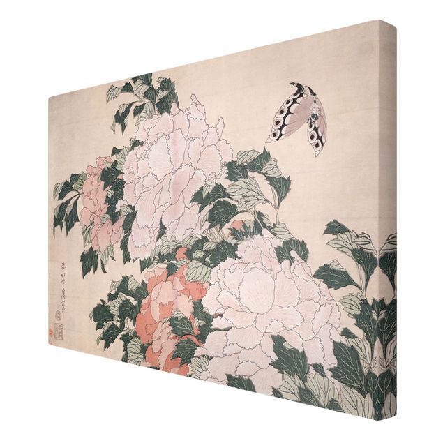 Leinwandbild - Katsushika Hokusai - Rosa Pfingstrosen mit Schmetterling - Querformat 2:3