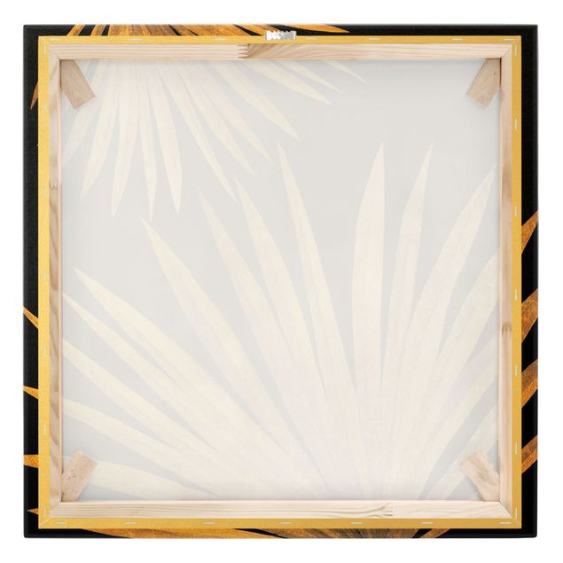 Leinwandbild Gold - Gold - Palmenblatt auf Schwarz - Quadrat 1:1