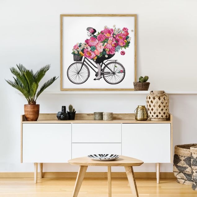 Laura Graves Art Illustration Frau auf Fahrrad Collage bunte Blumen