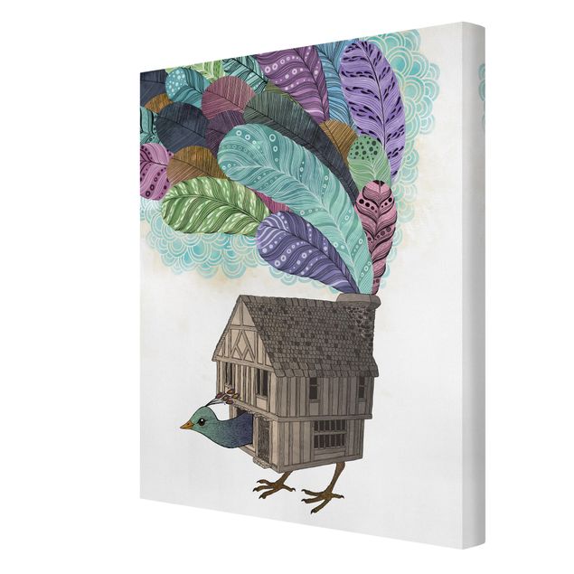 Leinwandbild - Illustration Vogel Haus mit Federn - Hochformat 4:3
