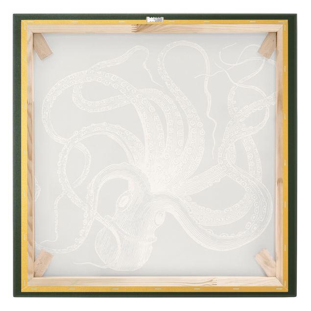 Leinwandbild Gold - Illustration verrückter Oktopus auf Blau - Quadrat