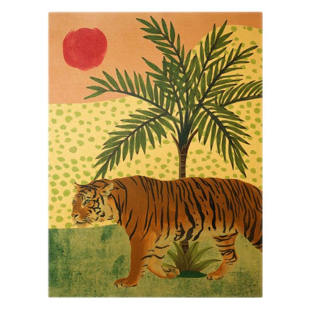 Leinwandbild Gold - Spazierender Tiger im Morgenrot - Hochformat 3:4