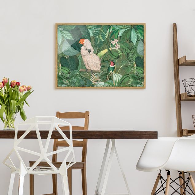 Blumen Bilder mit Rahmen Vintage Collage - Kakadu und Kolibri