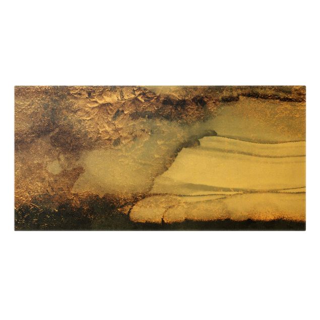 Leinwandbild Gold - Goldener Marmor gemalt - Querformat 2:1