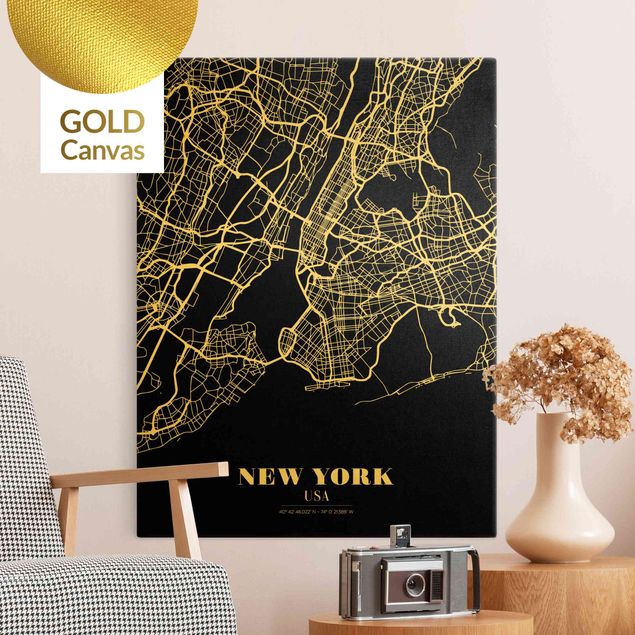 Leinwandbild Gold - Stadtplan New York - Klassik Schwarz - Hochformat 3:4