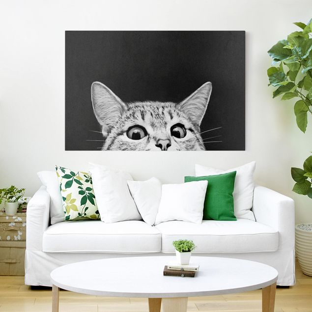 Leinwandbild - Illustration Katze Schwarz Weiß Zeichnung - Querformat 2:3