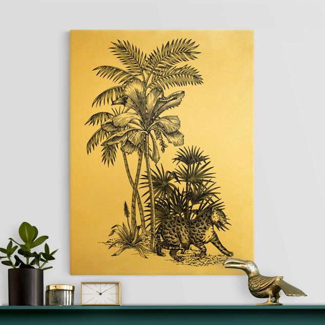 Leinwandbild Gold - Vintage Illustration - Tiger und Palmen - Hochformat 4:3