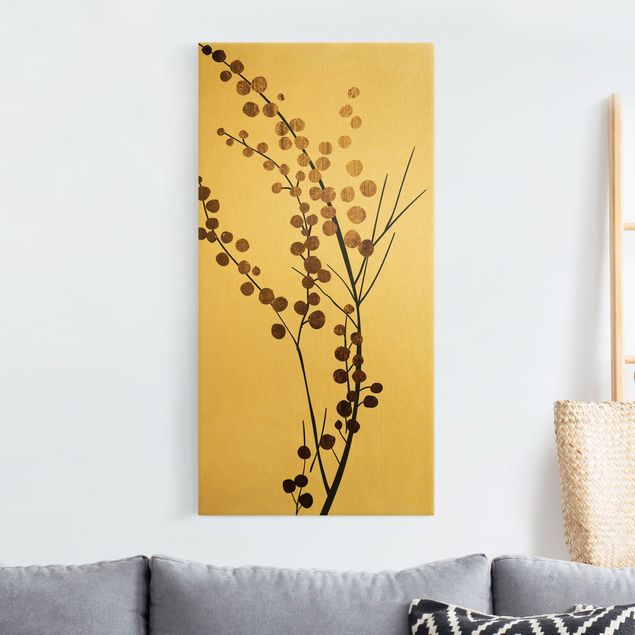 Leinwandbild Gold - Grafische Pflanzenwelt - Beeren Gold - Hochformat 1:2