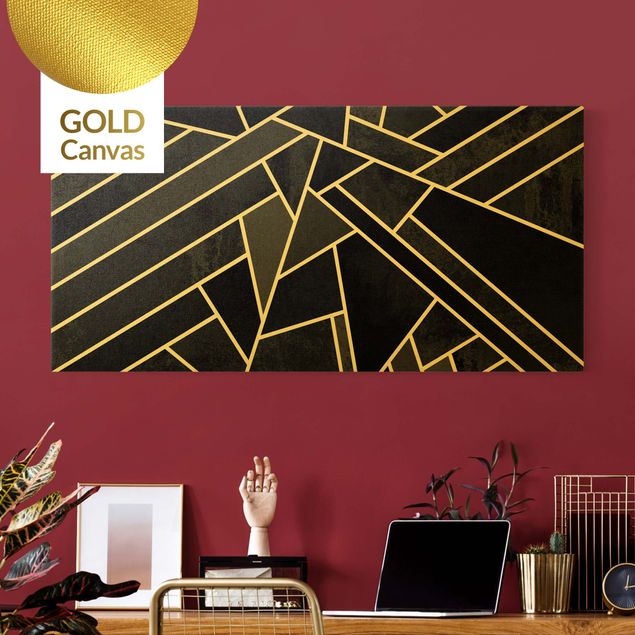Leinwandbild Gold - Elisabeth Fredriksson - Goldene Geometrie - Schwarze Dreiecke - Querformat 1:2