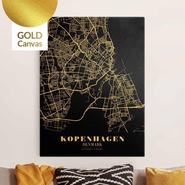 Leinwandbild Gold - Stadtplan Kopenhagen - Klassik Schwarz - Hochformat 4:3