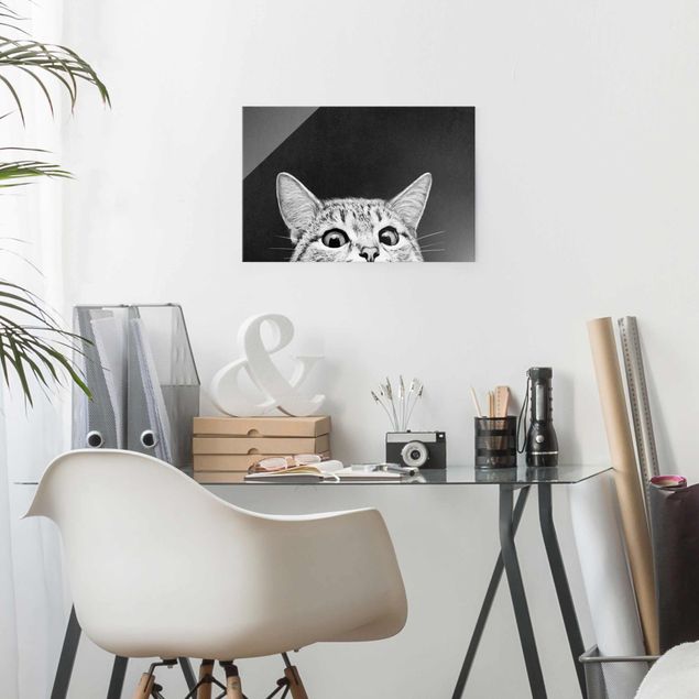 Glas Wandbilder XXL Illustration Katze Schwarz Weiß Zeichnung