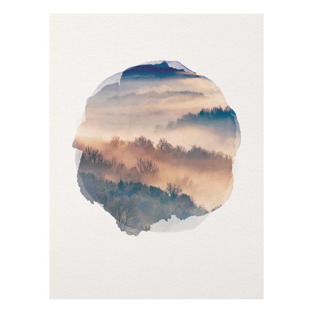 Glasbild - Wasserfarben - Nebel bei Sonnenuntergang - Hochformat 4:3