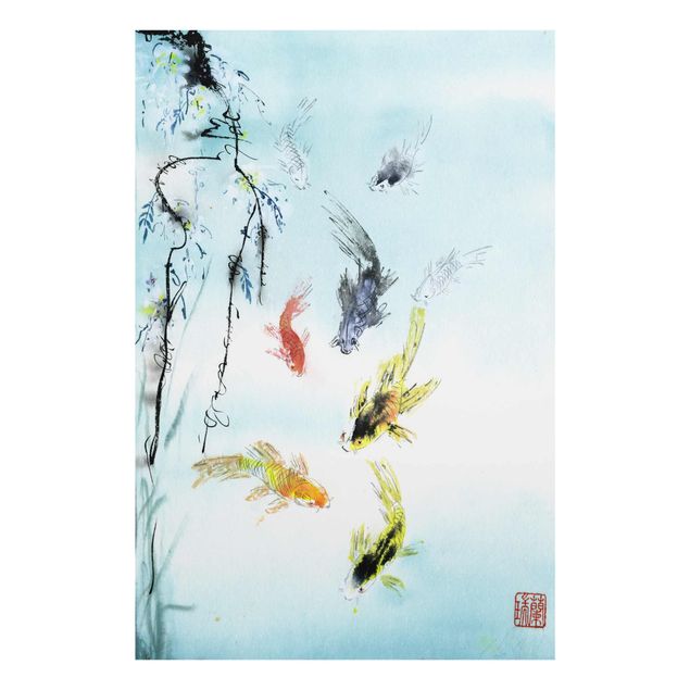 Glasbild - Japanische Aquarell Zeichnung Goldfische I - Hochformat 3:2