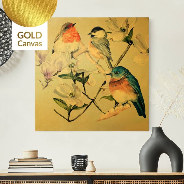 Leinwandbild Gold - Bunte Vögel auf einem Magnolienast I - Quadrat 1:1