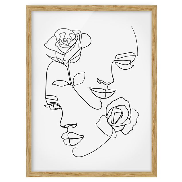Blumen Bilder mit Rahmen Line Art Gesichter Frauen Rosen Schwarz Weiß