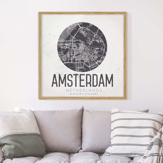 Sprüche Bilder mit Rahmen Stadtplan Amsterdam - Retro