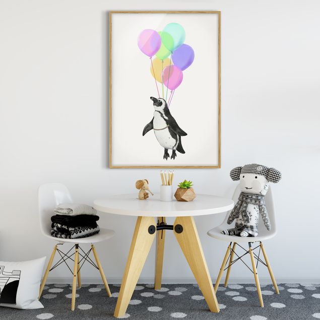 Tiere Bilder mit Rahmen Illustration Pinguin Pastell Luftballons