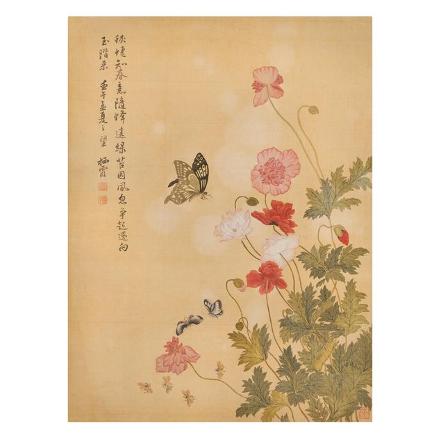 Leinwandbild - Yuanyu Ma - Mohnblumen und Schmetterlinge - Hochformat 4:3