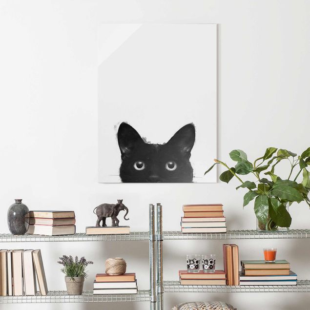 Glasbilder Schwarz-Weiß Illustration Schwarze Katze auf Weiß Malerei
