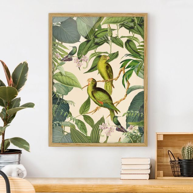 Moderne Bilder mit Rahmen Vintage Collage - Papageien im Dschungel