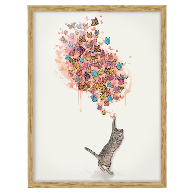 Bilder Illustration Katze mit bunten Schmetterlingen Malerei