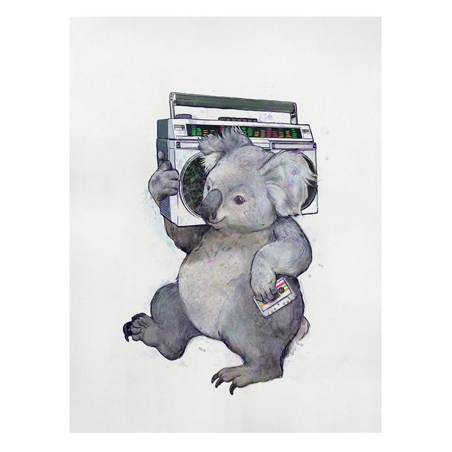 Leinwandbild - Illustration Koala mit Radio Malerei - Hochformat 4:3