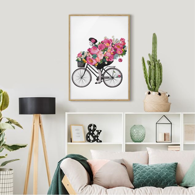 Blumen Bilder mit Rahmen Illustration Frau auf Fahrrad Collage bunte Blumen