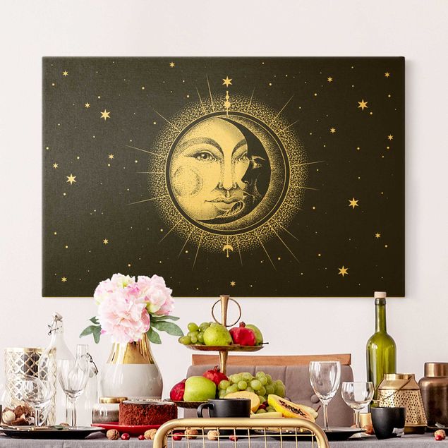Leinwandbild Gold - Vintage Sonne und Mond Illustration - Querformat 3:2
