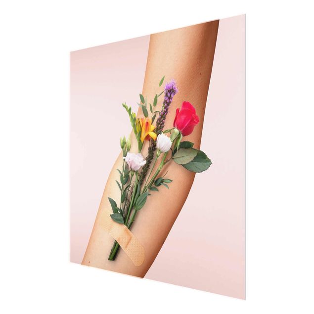 Glasbild - Jonas Loose - Arm mit Blumen - Quadrat 1:1