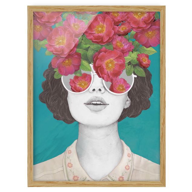 schöne Bilder Illustration Portrait Frau Collage mit Blumen Brille