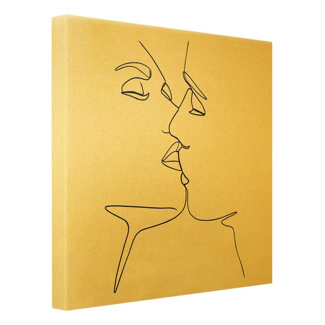Leinwandbild Gold - Line Art Kuss Gesichter Schwarz Weiß - Quadrat 1:1