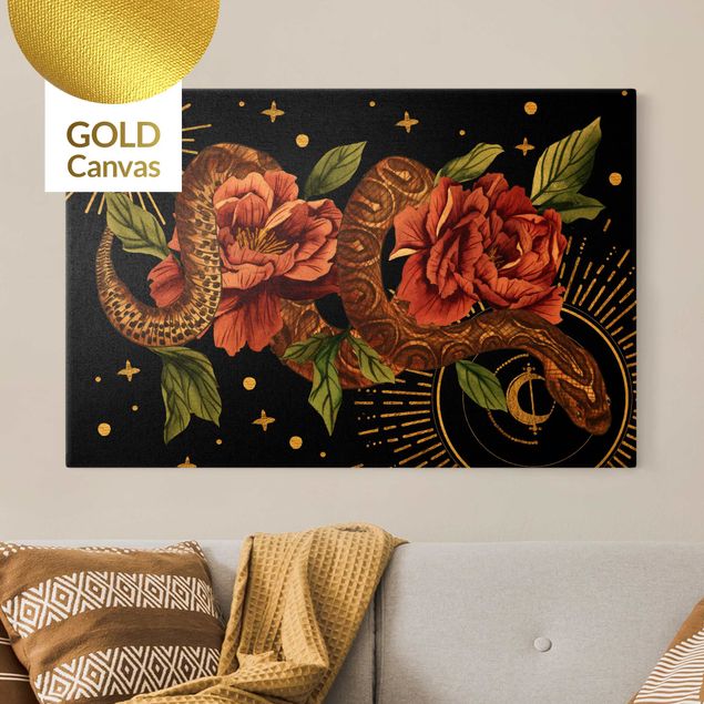 Leinwandbild Gold - Schlangen mit Rosen vor Schwarz und Gold II - Querformat 3:2