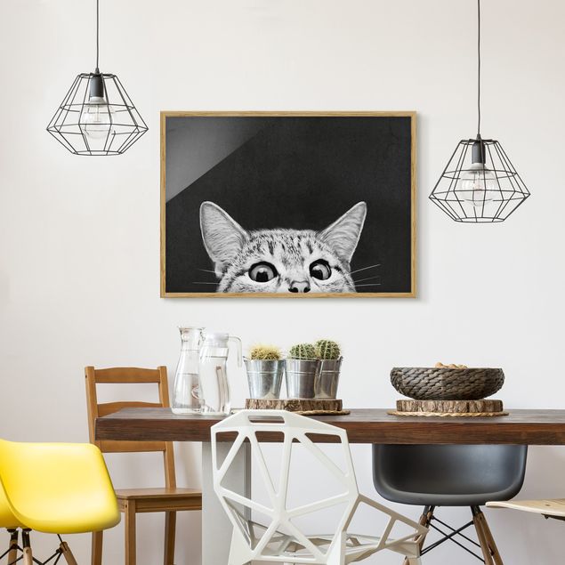 Moderne Bilder mit Rahmen Illustration Katze Schwarz Weiß Zeichnung