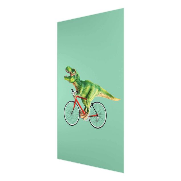 Glasbild - Jonas Loose - Dinosaurier mit Fahrrad - Hochformat 3:2