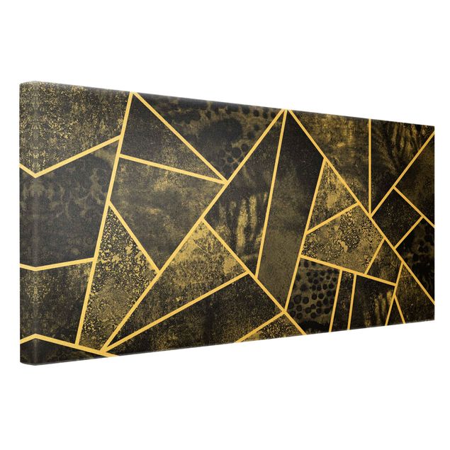 Leinwandbild Gold - Goldene Geometrie - Graue Dreiecke - Querformat 2:1